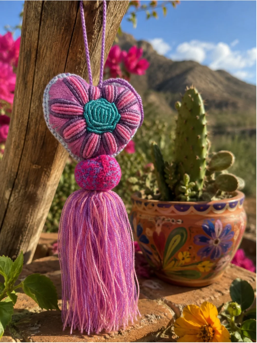 Mexican Handmade Embroidered Heart Tassel Ornament Pink Purple
